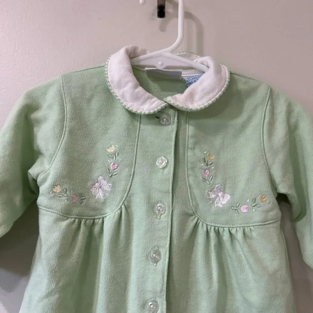 Lot of 2 Miniwear Vintage Baby Girls Sz 12 Months Long Sleeve Rompers Pink Green